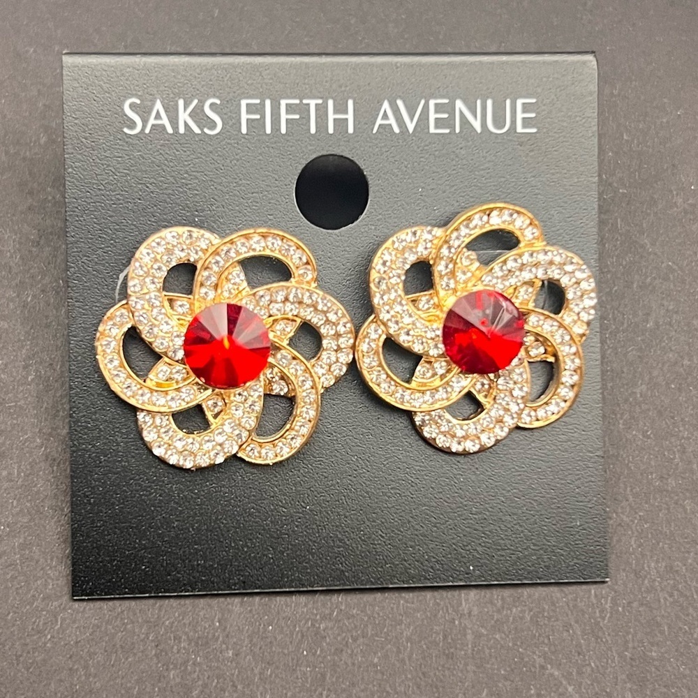Saks Fifth Avenue Gold and Red Floral Earrings